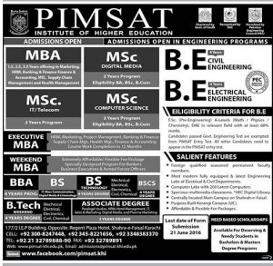 PIMSAT Karachi Admission 2018, Apply Online  