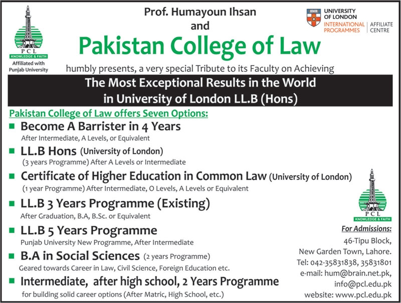 Pakistan College of Law Admission 2021