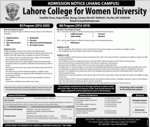 LCWU Jhang Campus BS & MS Admission 2016