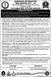 CMH Lahore Medical College & Institute of Dentistry Admission 2017