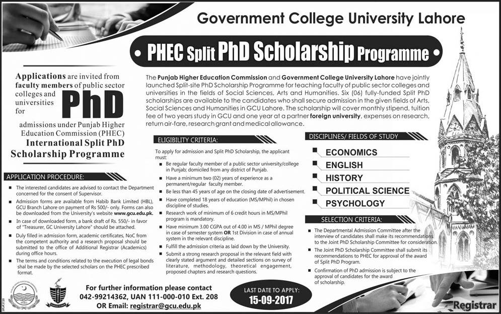 GCU Lahore PHEC Split PhD Scholarship Program 2017