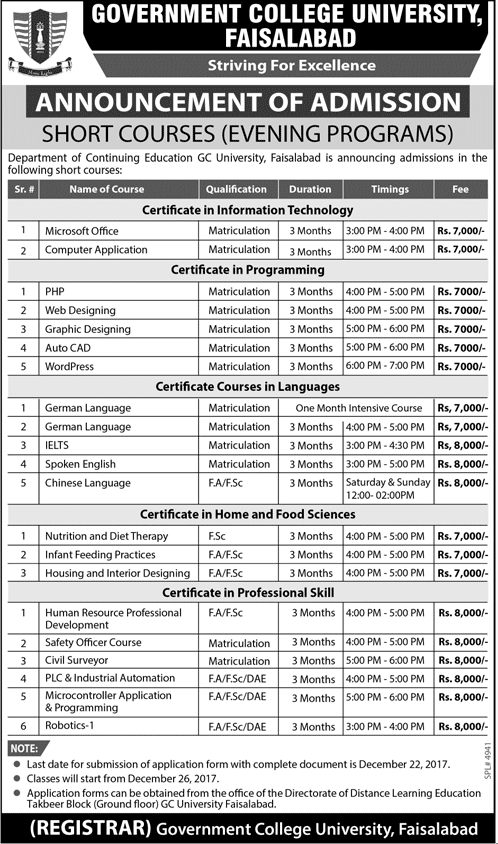 GC University Faisalabad Admission 2017 in Short Courses