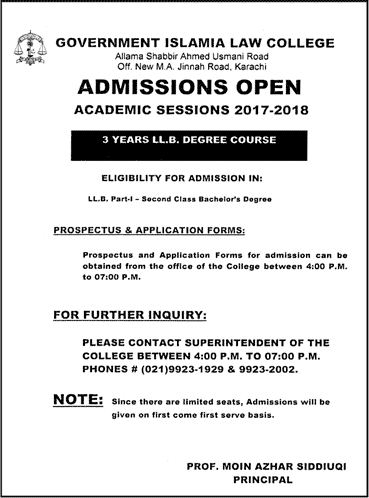 Govt Islamia Law College Karachi Admission 2017