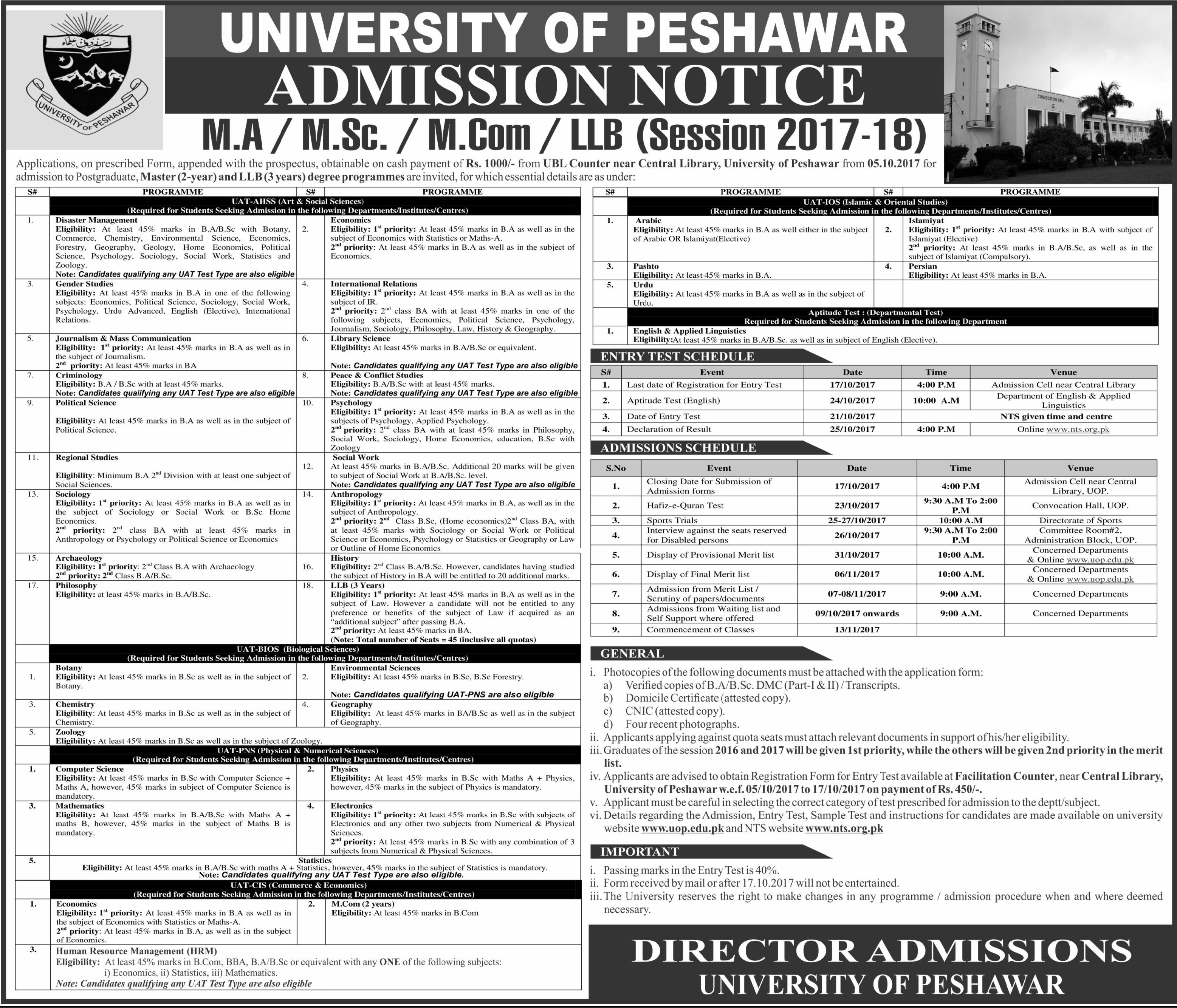 University of Peshawar Admission 2017, Form, Schedule