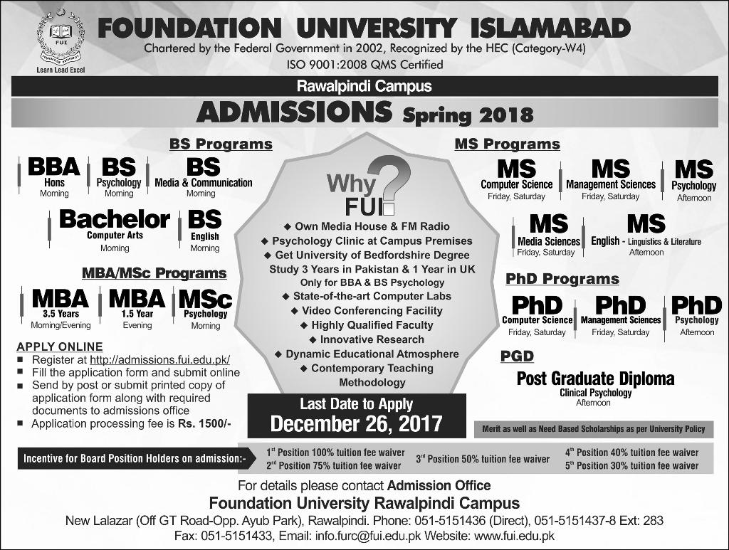 Foundation University Islamabad FUI Admission 2018