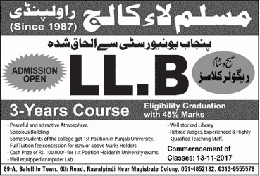 Muslim Law College Rawalpindi LLB Admission 2018