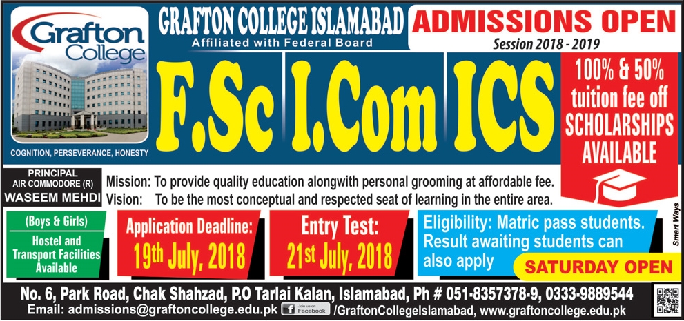Grafton College Islamabad 1st Year Admission 2018, Scholarships