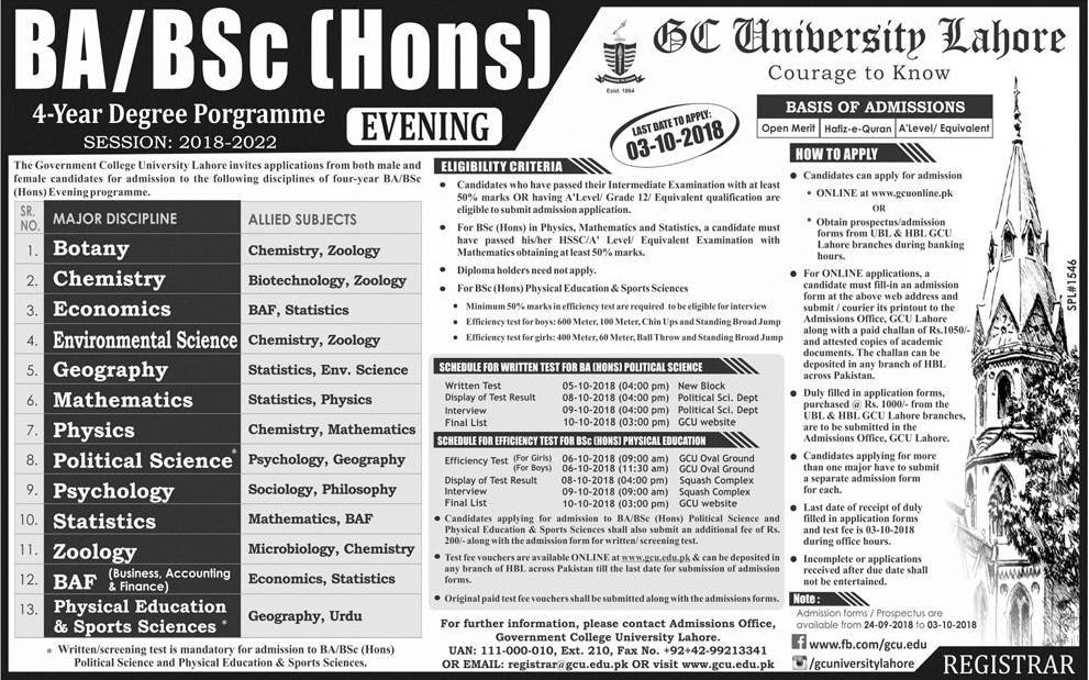 GC University Lahore BA, BSc Hons Admission 2018 (Evening)