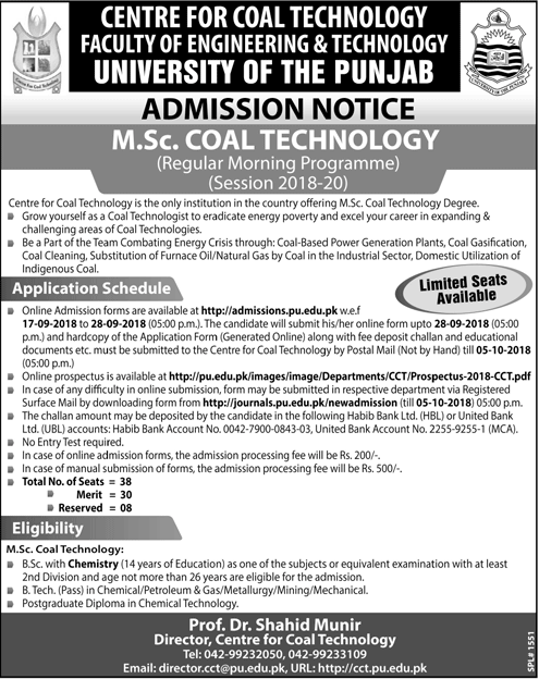 Punjab University Lahore MSc Coal Technology Admission 2018
