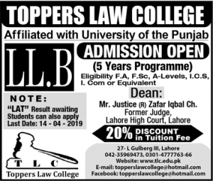 Toppers Law College Lahore LLB Admission 2019, Scholarships