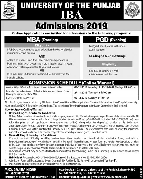 IBA Punjab University MBA & PGD Evening Admission 2019
