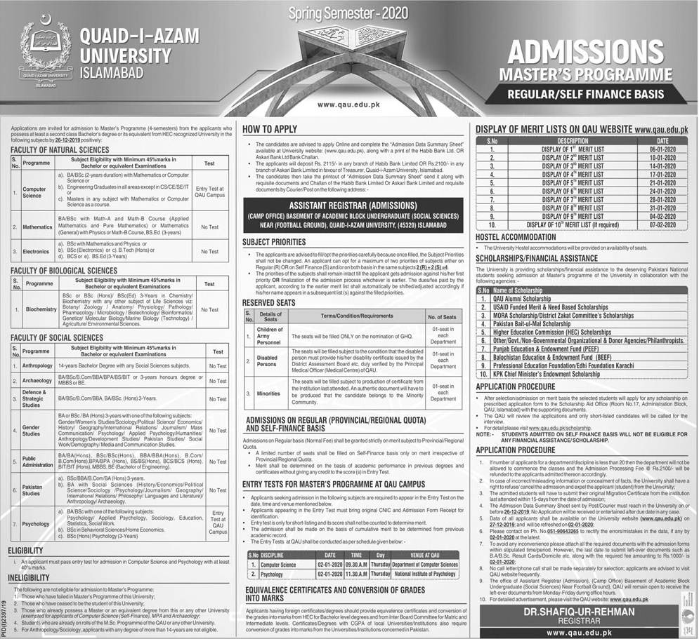 Quaid i Azam University Admission 2020 in Master Programs