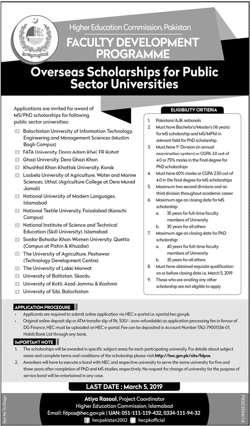 Overseas HEC Scholarships 2019 For Govt Universities (Faculty Development Program)