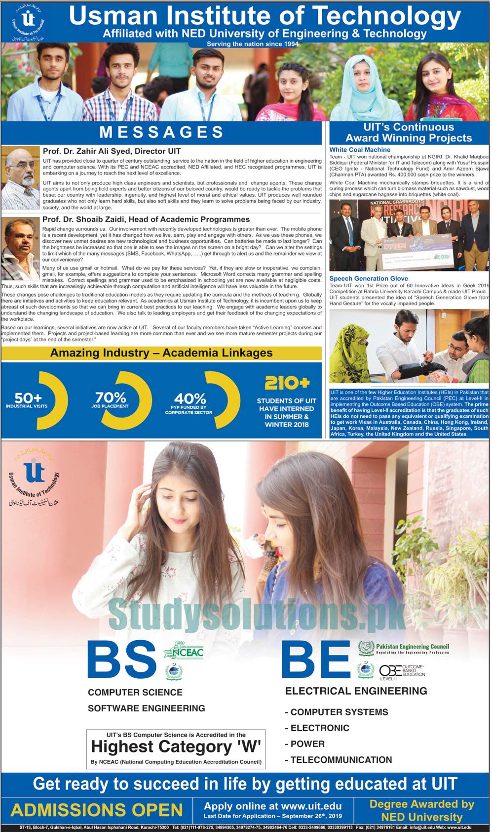 Usman Institute Of Technology Karachi BS & BE Admission 