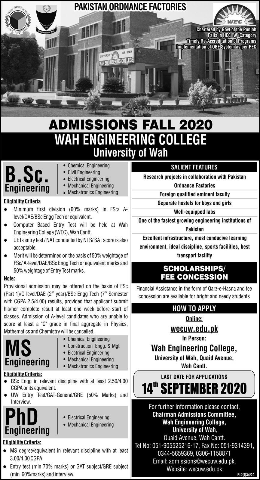 Wah Engineering College WECUW Admission 2020 in BS, MS & PhD