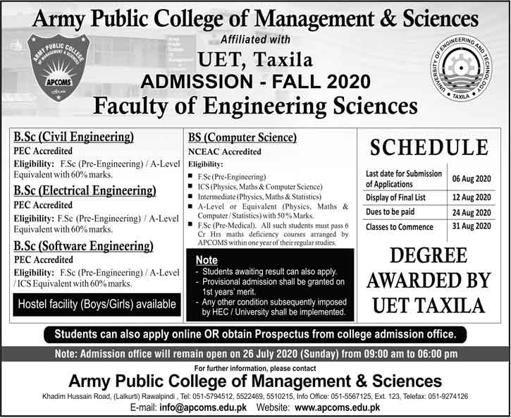 UET Taxila APCOMS Admission 2020 in BSCS & BSc Electrical Engg
