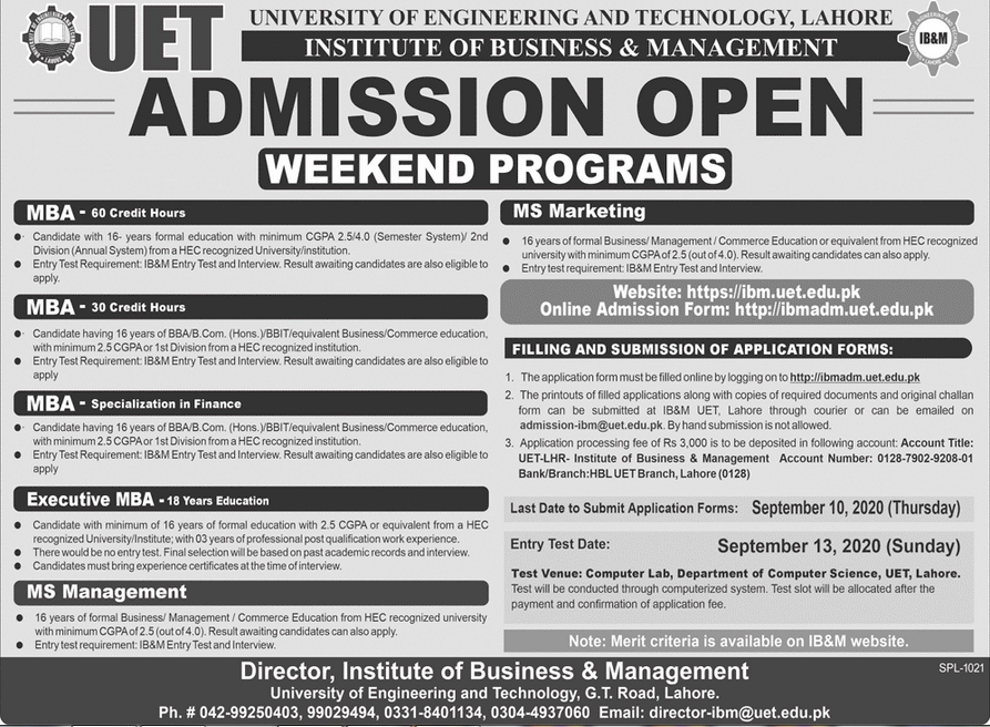 IB&M UET Lahore MBA, BBA, BBIT, MS Admission 2020, Form & Entry Test Result