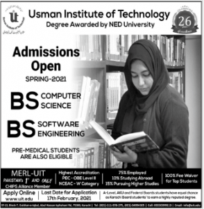 Usman Institute Of Technology Karachi BS & BE Admission 2021