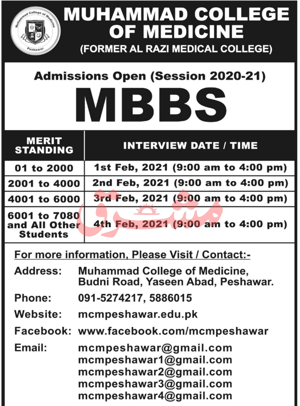 Muhammad College of Medicine Peshawar MBBS Admission 2021