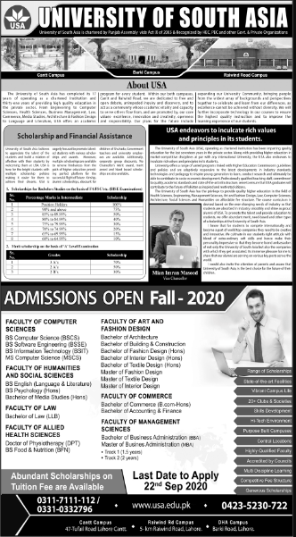University of South Asia (USA) Admission 2020, Last Date, Form