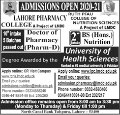 Lahore Pharmacy College Pharm-D Admission & BS Hons in Nutrition 2020