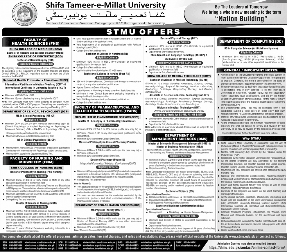 Shifa Tameer-e-Millat University STMU Islamabad Admission 2020