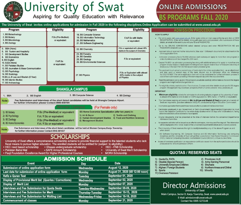 University of Swat KPK BS Admission 2020, Form & Scholarships