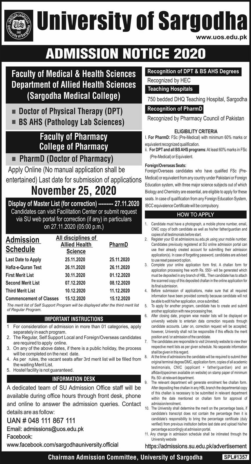 University Of Sargodha DPT, BS AHS, and Pharm D Admissions 2020