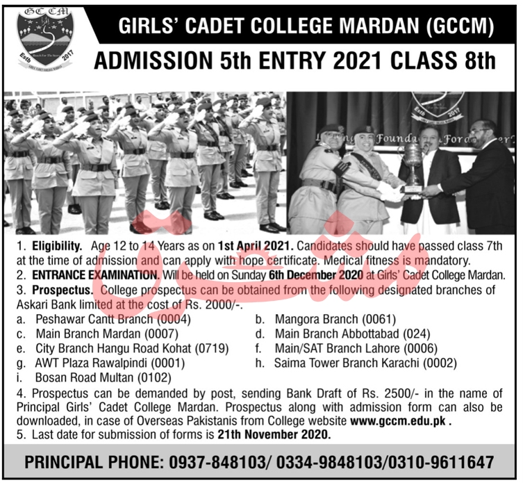 Girls Cadet College Mardan GCCM 8th Class Admission 2021