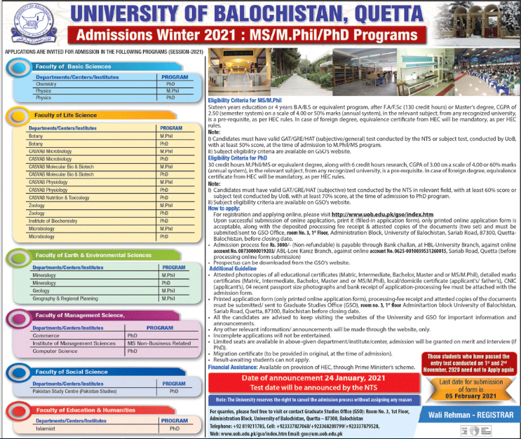 University of Balochistan UOB MS & PhD Admission 2021