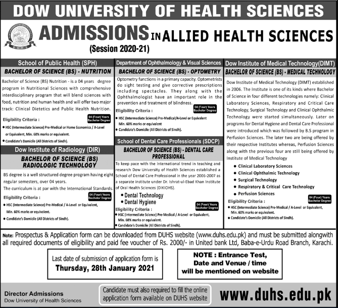 DOW University Of Health Sciences DUHS Admission 2021