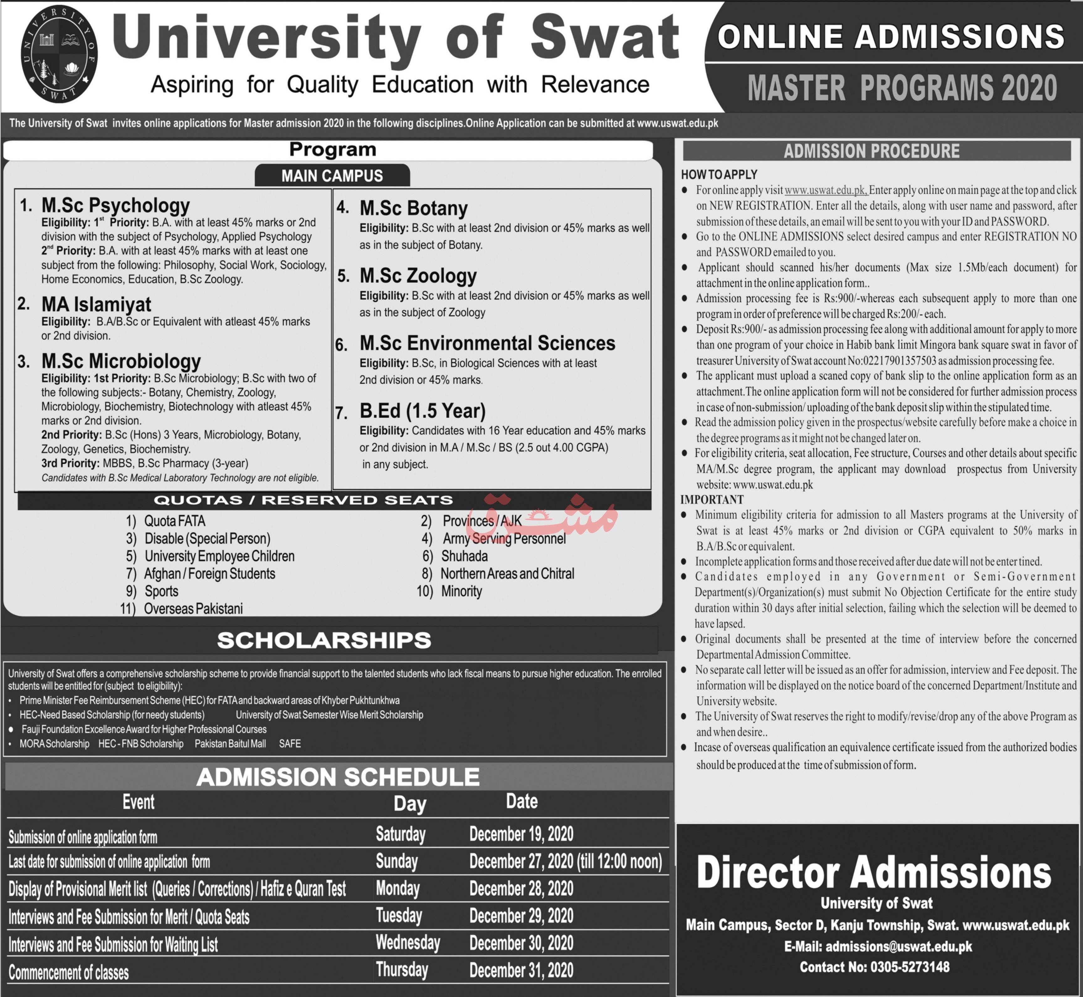 University of Swat Master Programs Admission 2021 in MA & MSc