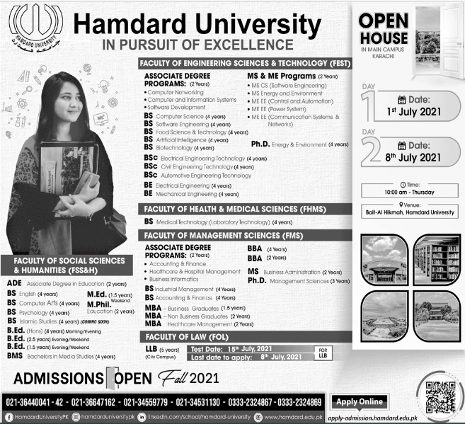 Hamdard University Karachi Admission 2021 in Fall Semester