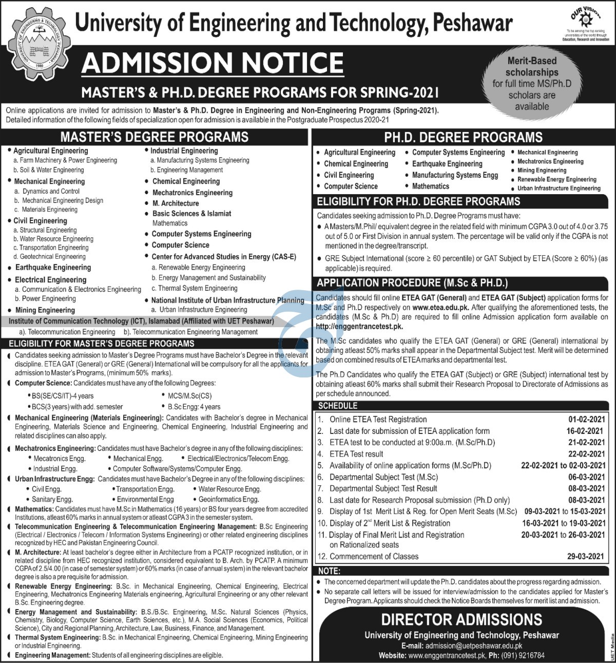 University of Engineering and Technology Peshawar Master & PhD Admission 2021