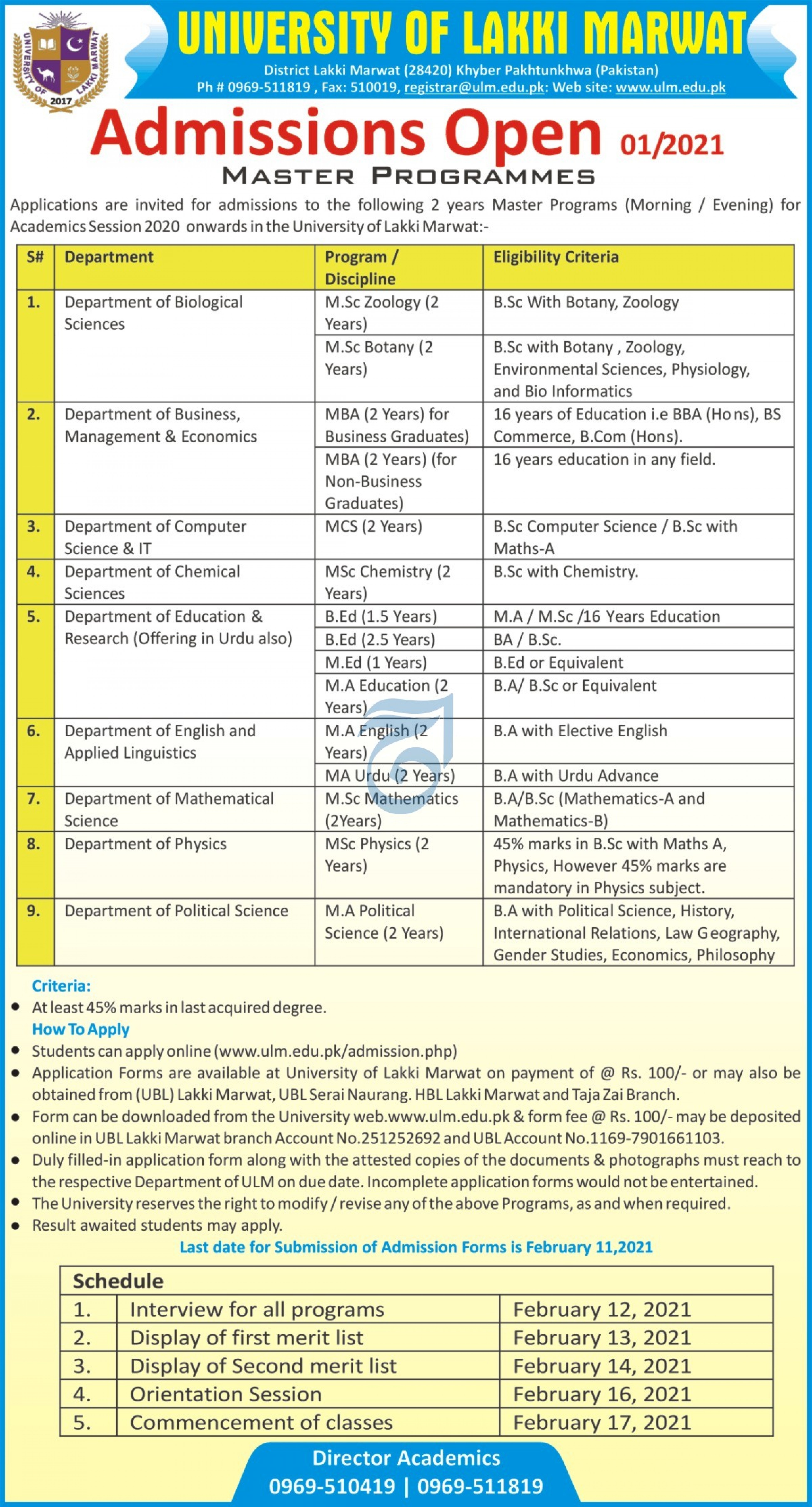 University of Lakki Marwat Master Level Admission 2021 (MA, MSc, BEd)