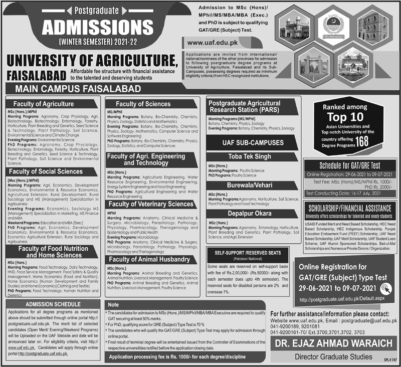 University of Agriculture Faisalabad Admission 2021 Schedule-Morning & Evening Programs