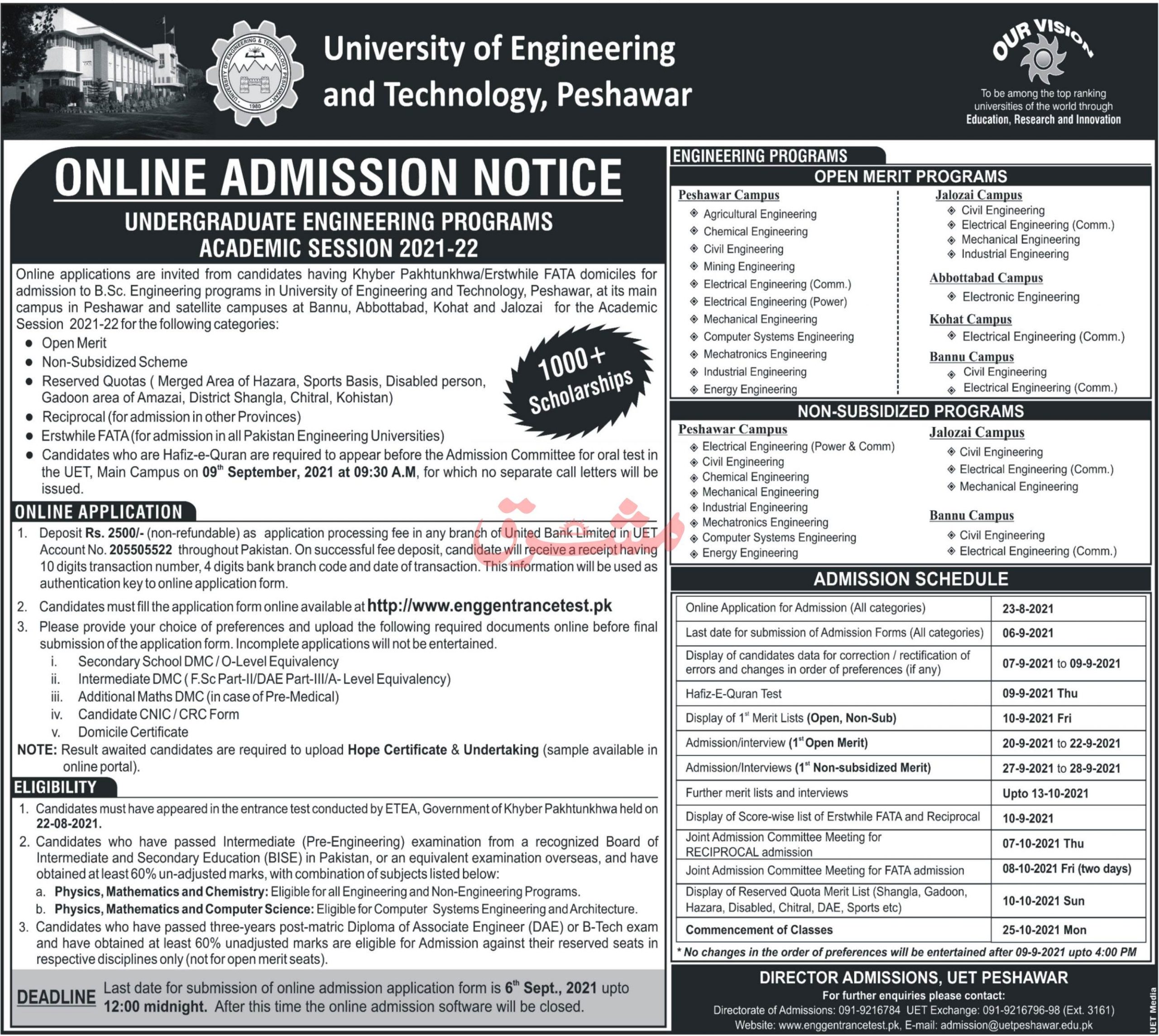 UET Peshawar Undergraduate Engineering Programs Admission 2021 Schedule