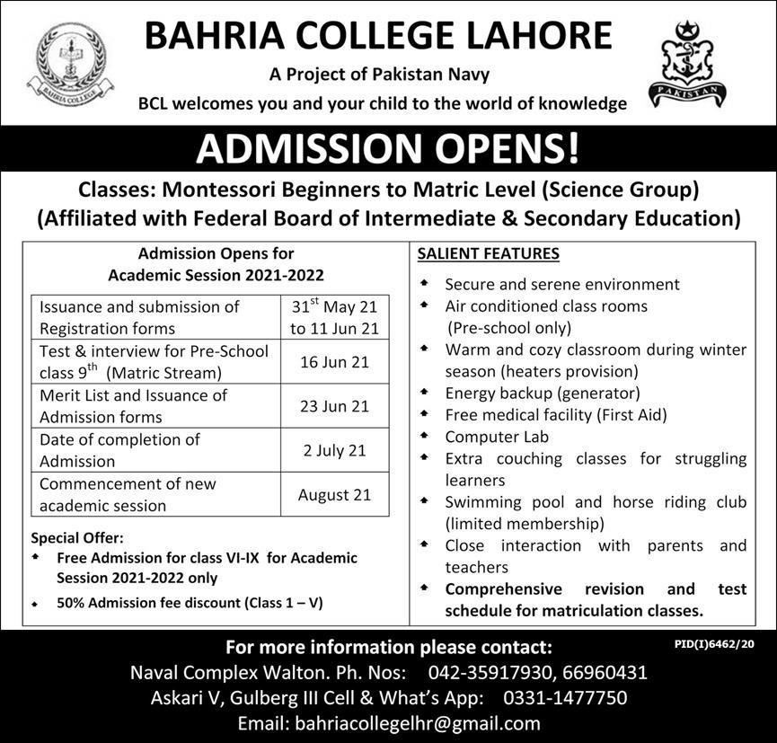 Bahria College Lahore BCL Admission 2021 Schedule