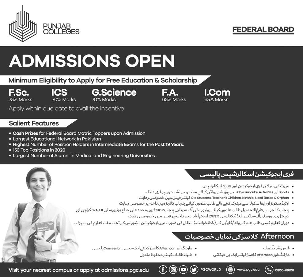 Punjab College FBISE Inter 1st Year Admission 2021, Free Education & Scholarships
