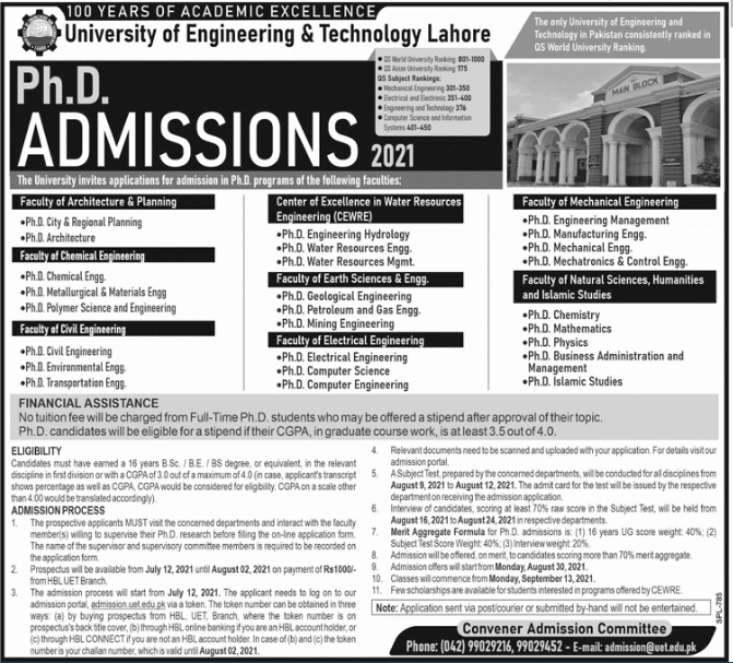 UET Lahore PhD Admission 2021 Schedule