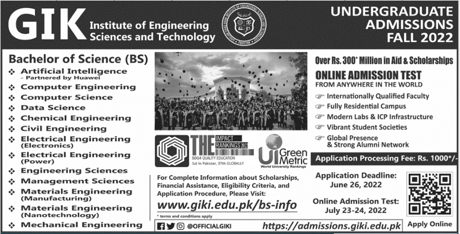GIKI University BS Admission 2022, Form & Entry Test Result