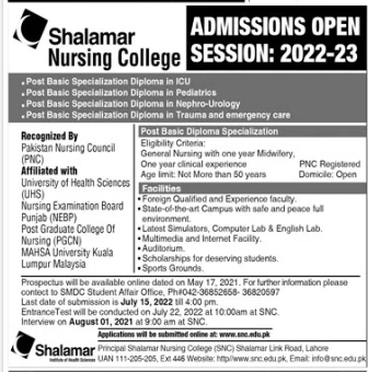 Shalamar Nursing College SNC Lahore Admission 2022