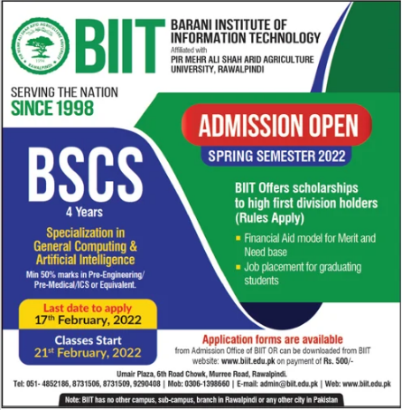 Barani Institute of Information Technology BIIT Rawalpindi Admission 2022