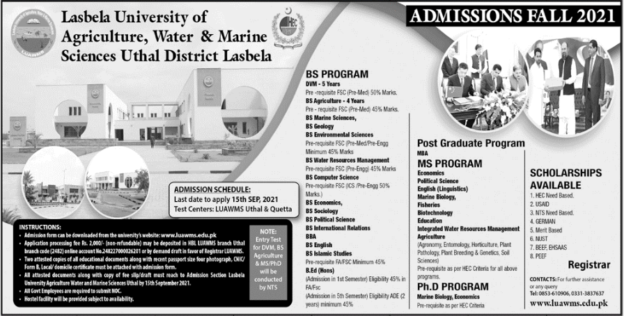 Luawms Lasbela Balochistan Admission 2021 Schedule, Apply Online, Merit List