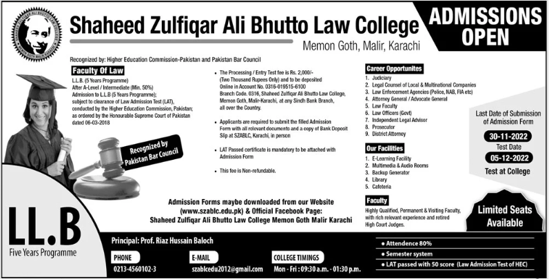Shaheed Zulfiqar Ali Bhutto Law College Karachi Admission 2023 in LLB
