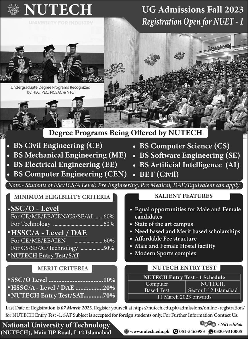 National University of Technology Nutech Islamabad Admission 2023