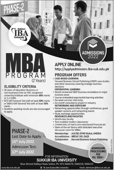 IBA Sukkur Admission 2022 In 2 Years MBA