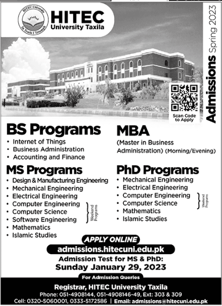 HITEC University Taxila Admission 2023 in BS, MS & PhD Programs