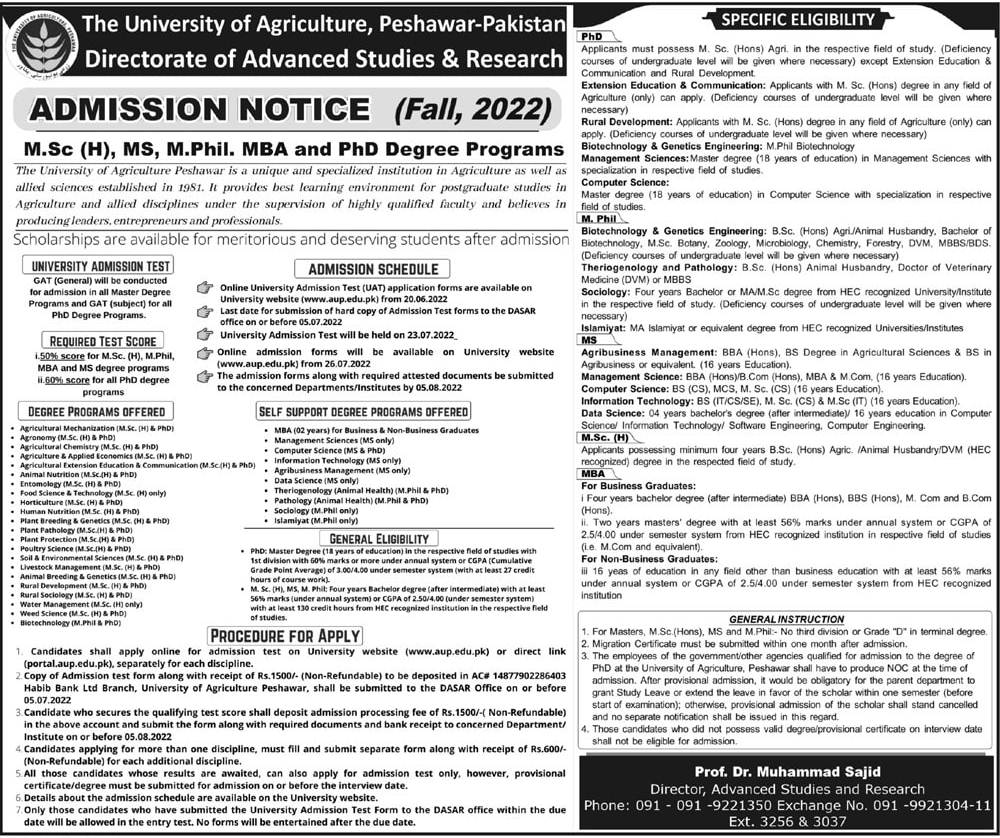 University of Agriculture Peshawar Admission 2022, Form, Test Result, Merit Lists