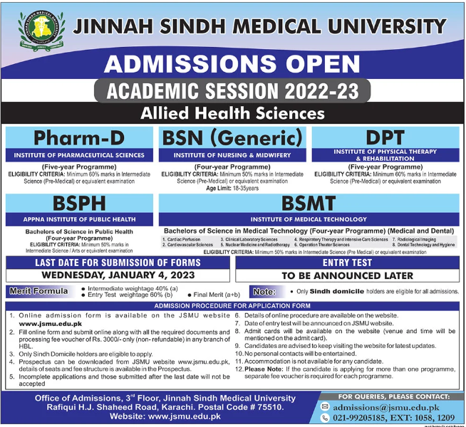 JSMU Karachi Admission 2022 in DPT, Pharm D, BSPH, BSMT & BSN (Generic)
